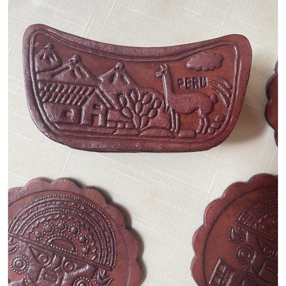 Artisan Hand-Tooled Embossed Peruvian Leather Coasters Set of 6 w/ Holder VTG - Picture 3 of 12